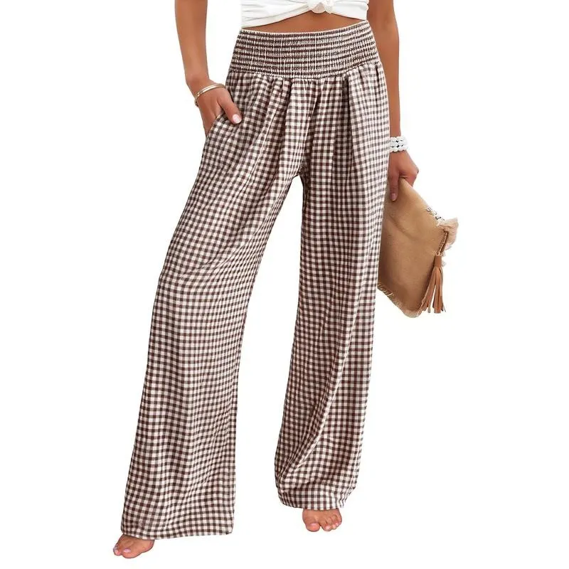 Womens Striped Gingham Palazzo Pants Wide Leg High Waisted Lounge Pajama Pants