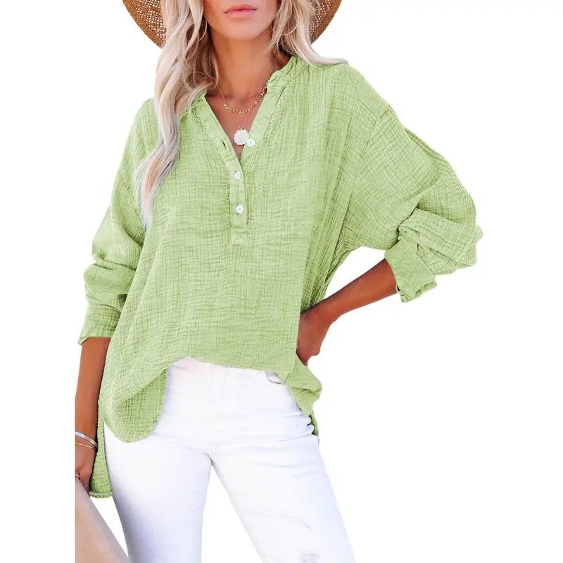 Women's Casual Button V Neck Long Sleeve Shirts Oversized Solid Blouses Tops
