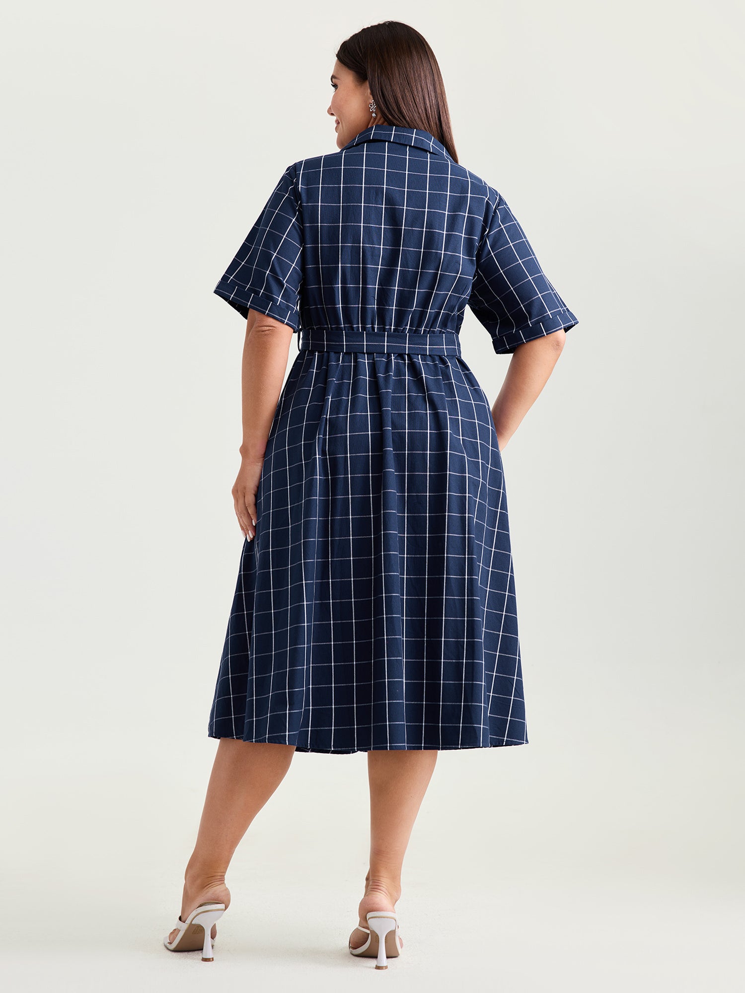 Cotton Checked Print Wrap Neckline Belted Midi Dress