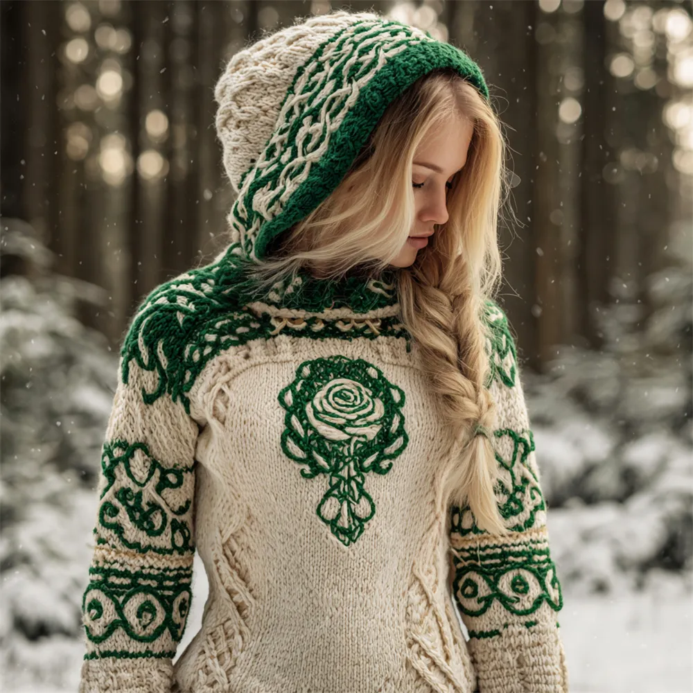 Vintage Rose Art Women's Hooded Irish Sweater