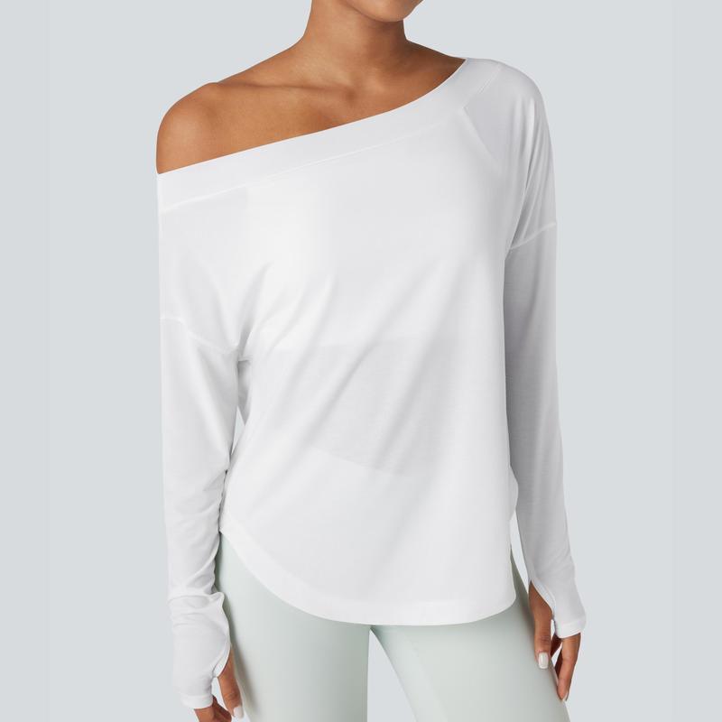 Women’s One-Shoulder Long Sleeve Yoga Top with Built-In Bra