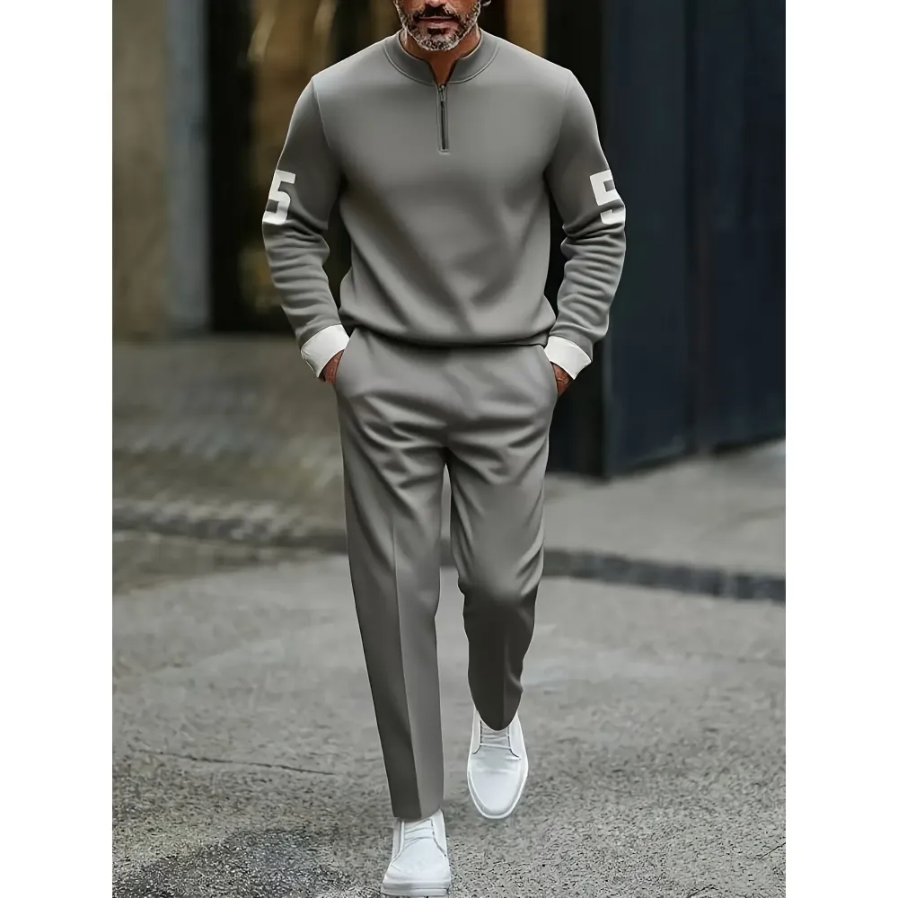 Fashion Stand up Collar Half Zipper Geometric Casual Simple Men's Set