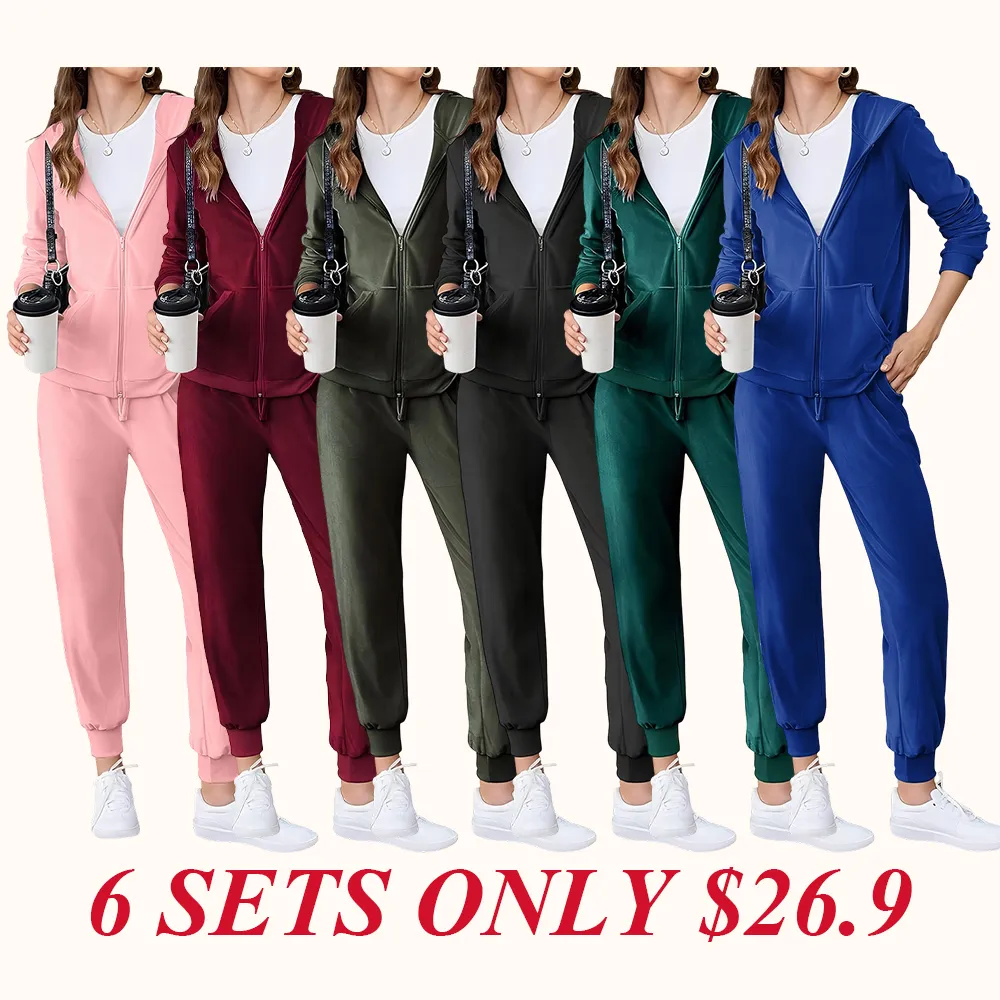 Women's Casual Velour Tracksuit Set Full Zipper Hoodie