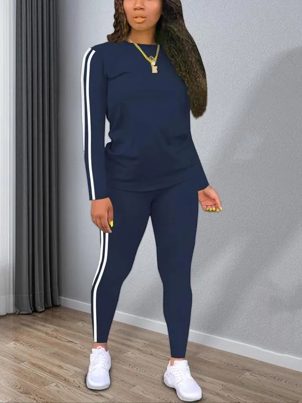 Women's Striped Print Long Sleeve Top & Pants Two-piece Set