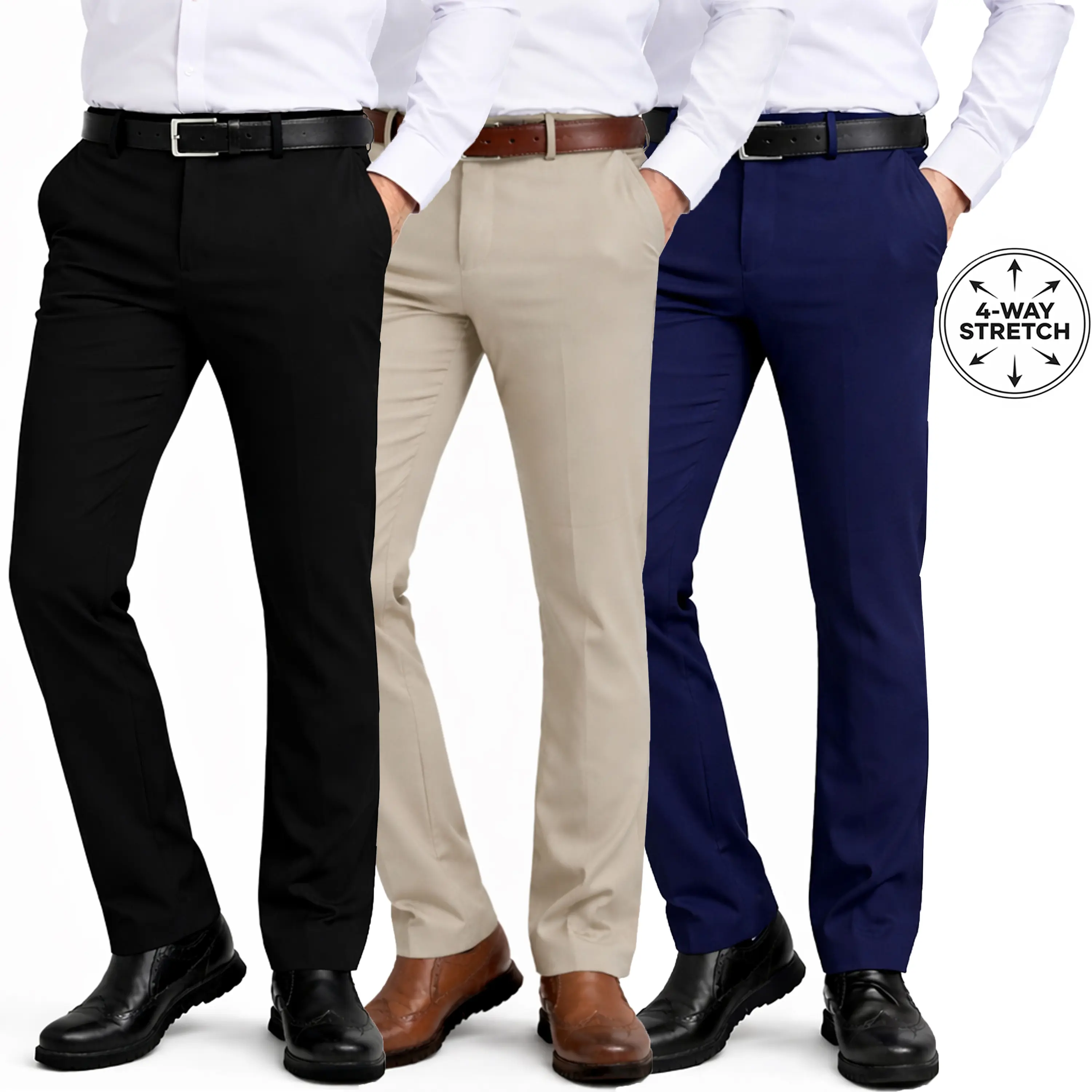3-Pack Mens Flex Stretch Slim Fit Dress Pants (Sizes, 30-40)
