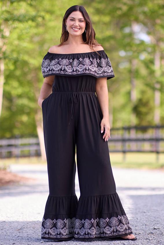 Plus Size Flounced Off Shoulder Embroidered Jumpsuit