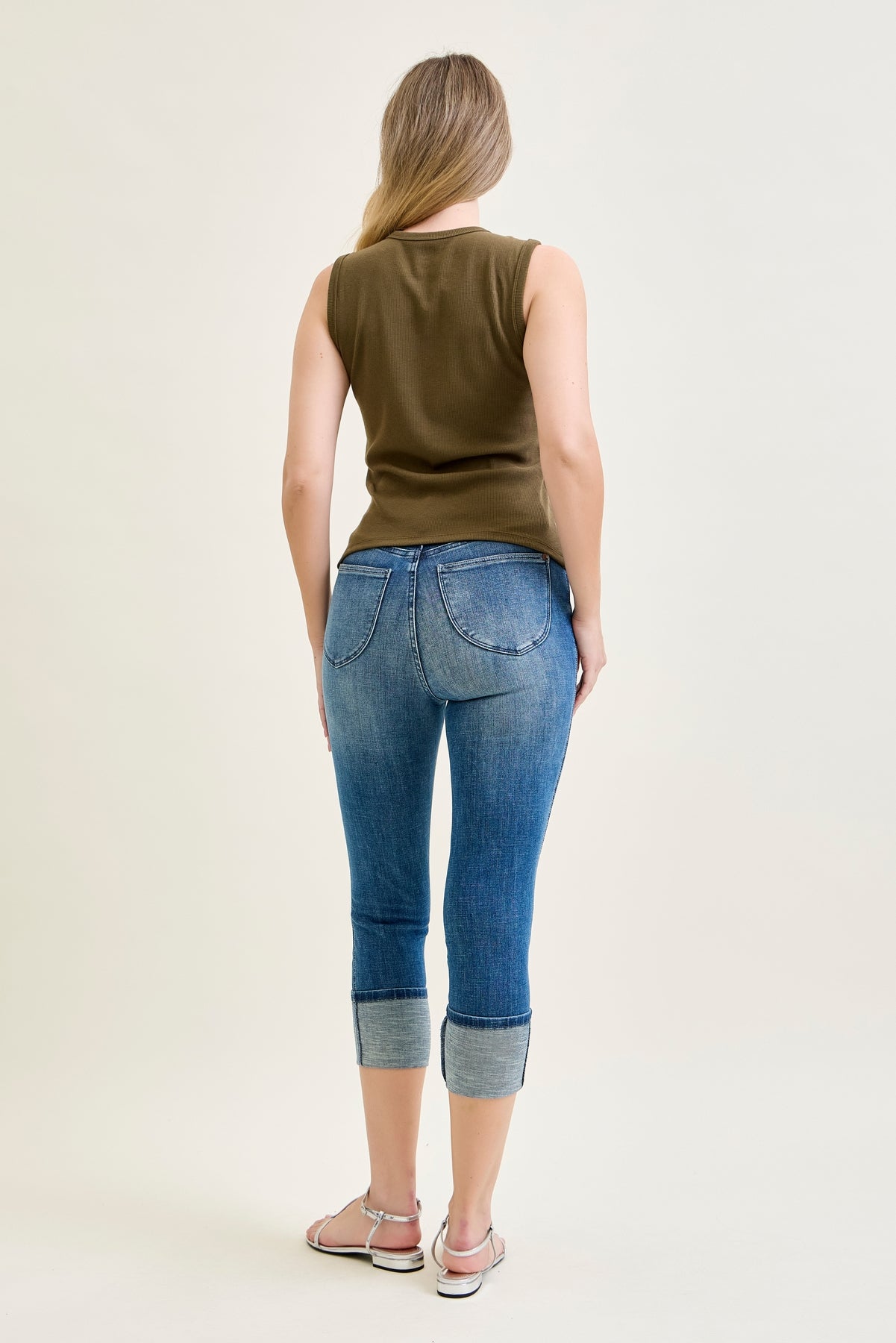 Kayla High Rise Tummy Control Back Shield Pockets & Cuff Capri