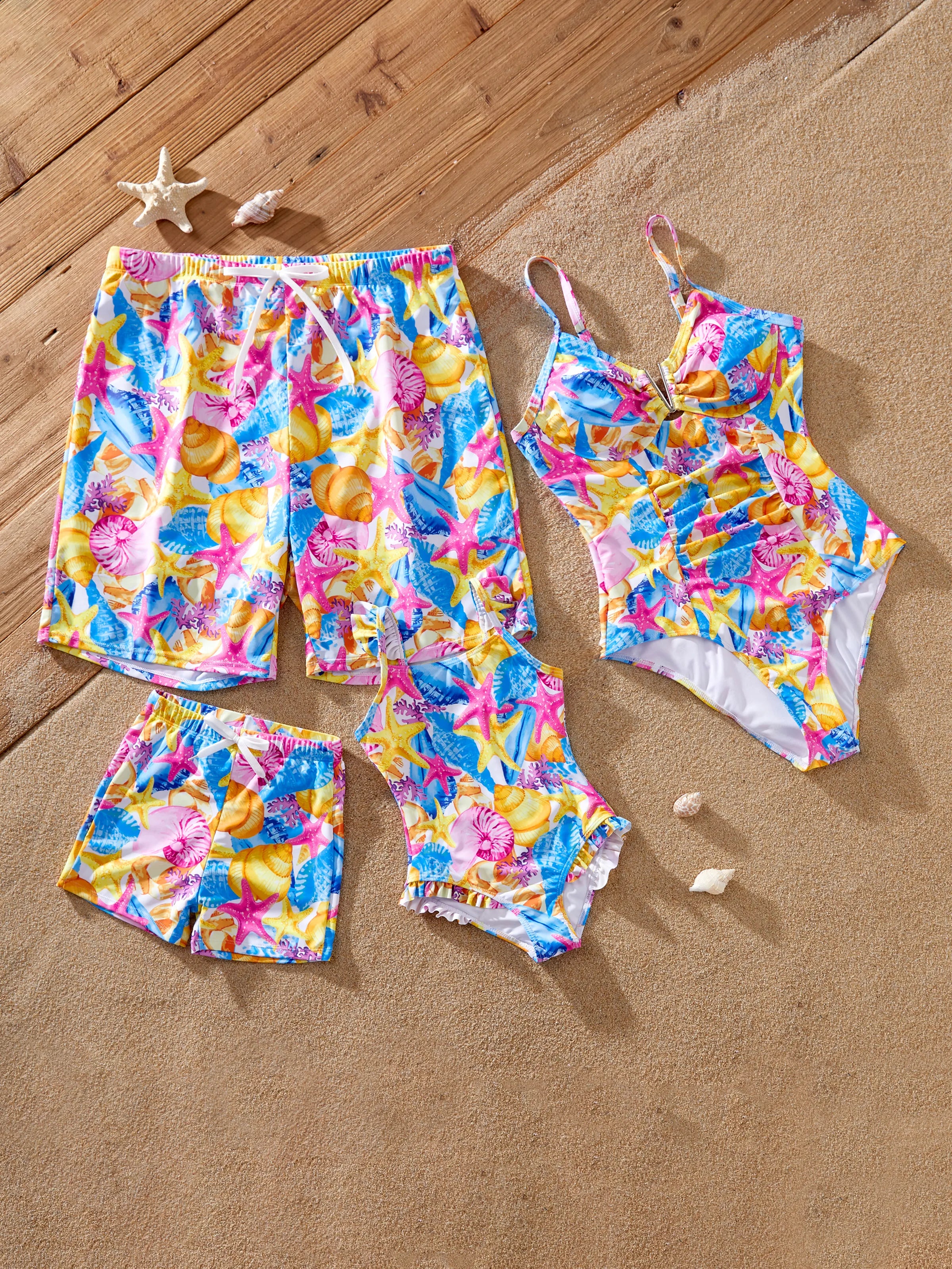 Family Matching Seashell & Starfish Print Swimsuits Ruched One-Piece & Swim Trunks Set Multi-color
