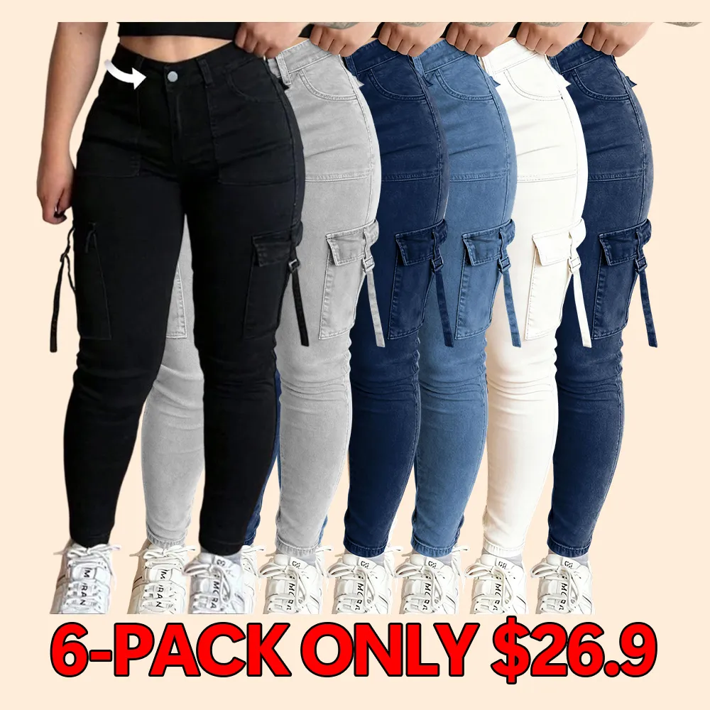 Women's solid color multi-pocket denim cargo pants
