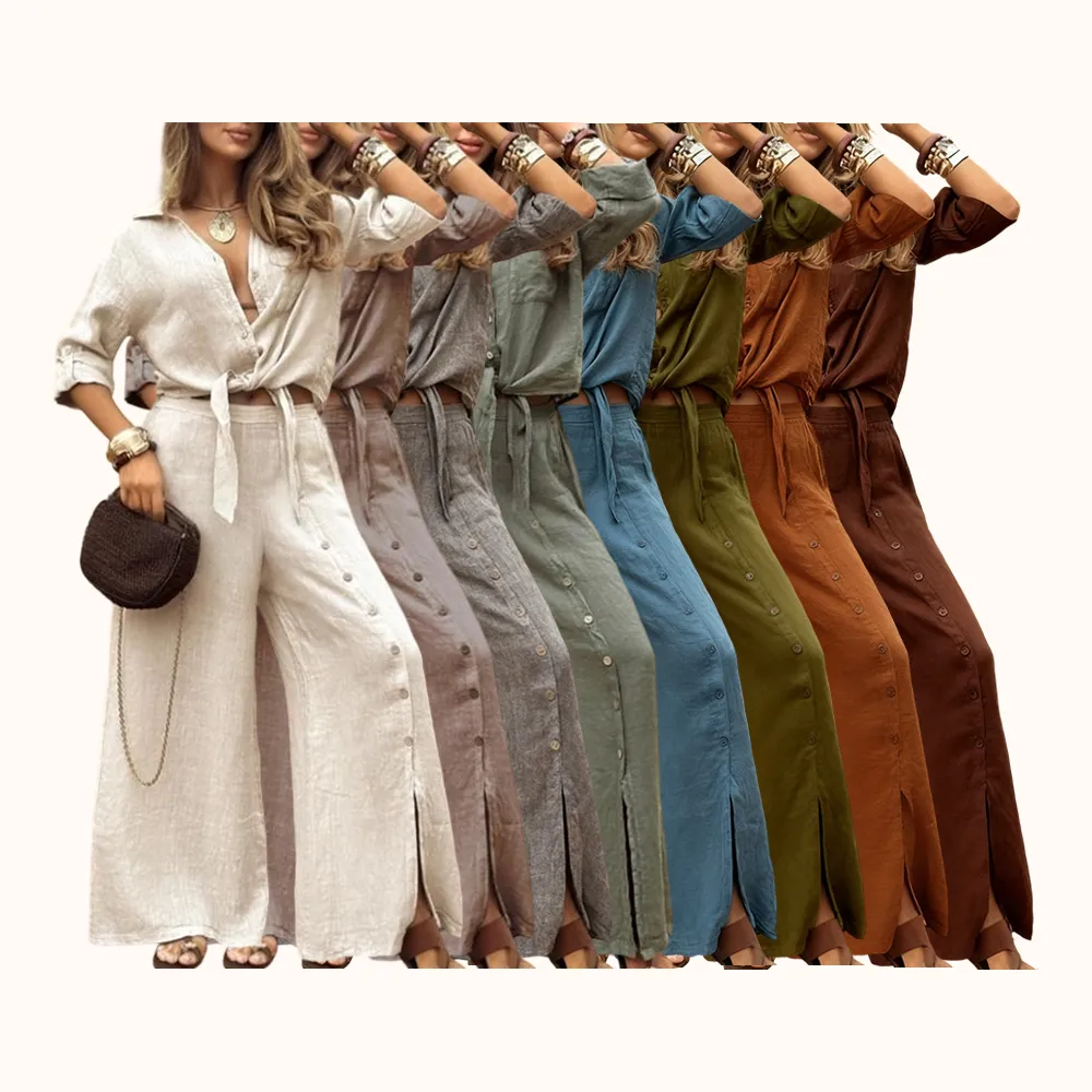 Women's Long Sleeve Loose Fit Shirt Set with Tie Hem, Single Button Decorated Wide Leg Pants