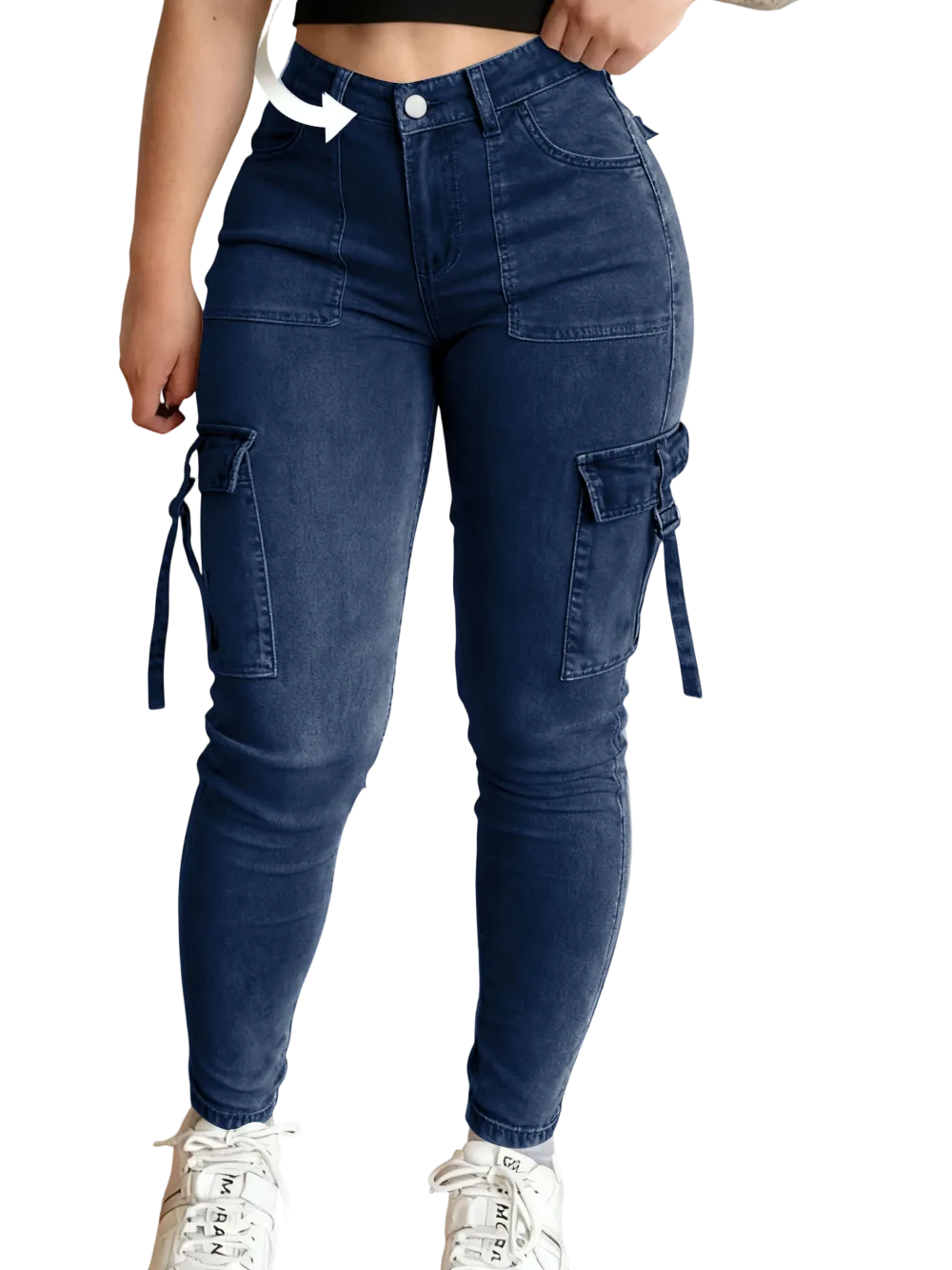 Women's solid color multi-pocket denim cargo pants