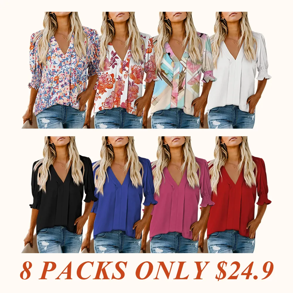 Womens Graphic Solid V Neck T Shirts Tops Casual Ruffle Short Sleeve Blouses Boho Floral