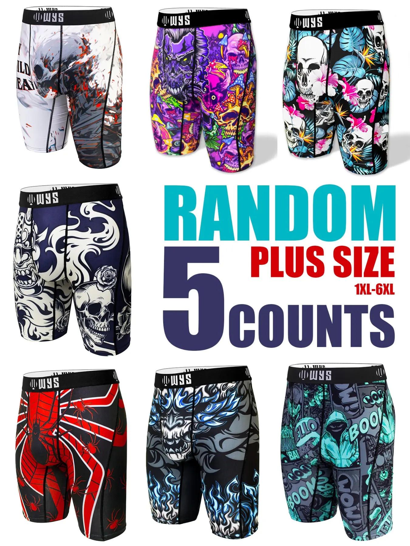Random 5-Piece Set Plus Size Men's Long Thong Underwear, Breathable Sport Briefs, Quick-Dry