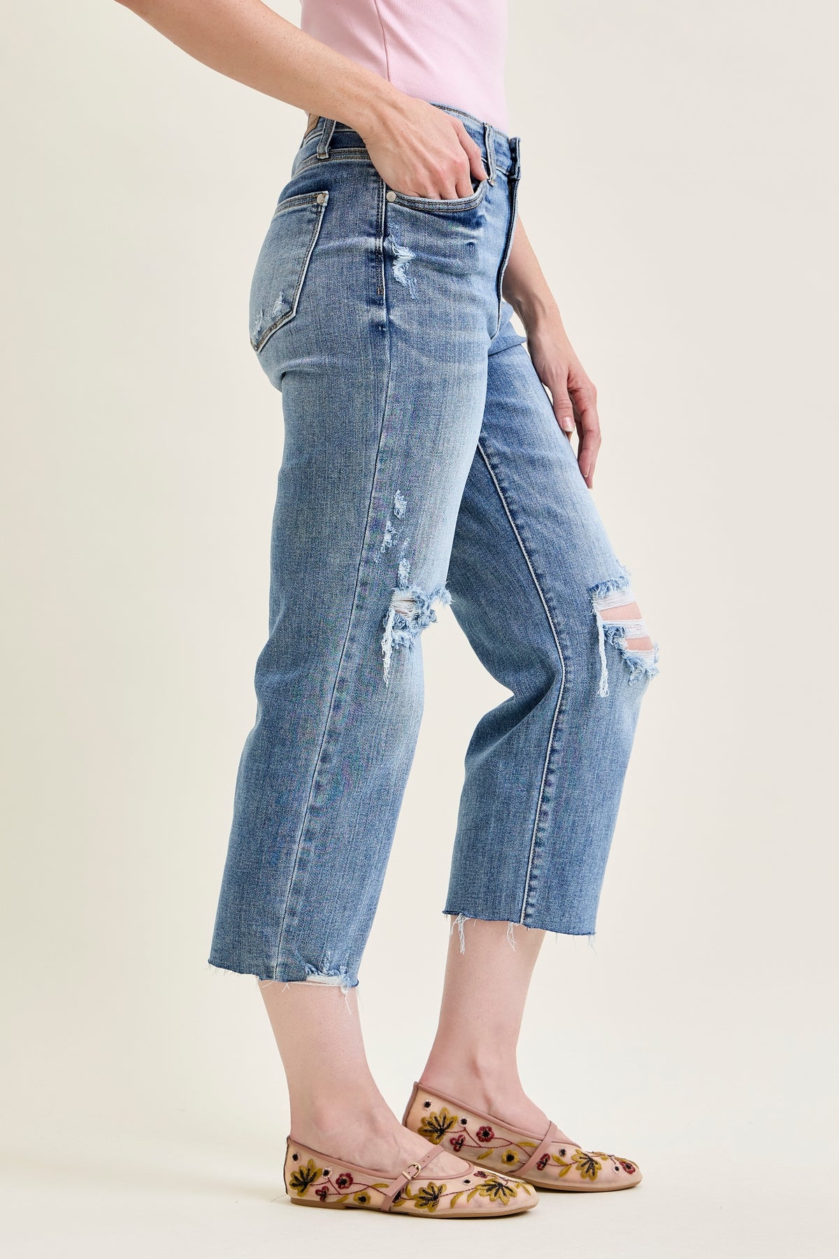 Celeste High Rise With Distressed Crop Wide Leg