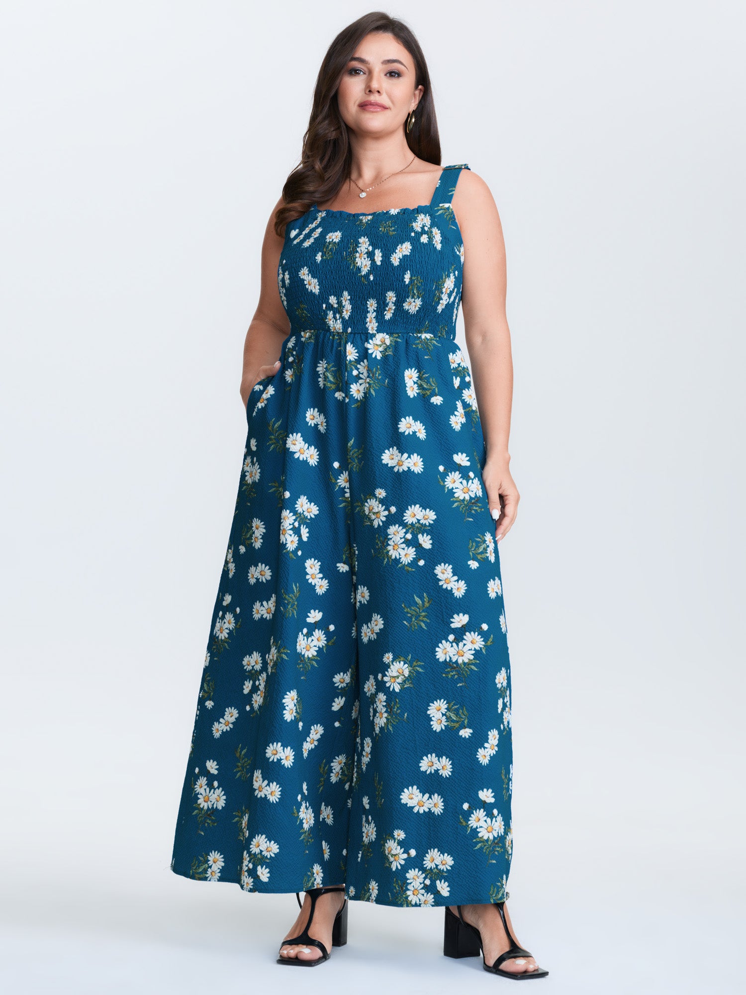 Stretchy Shirred Waist Floral Jumpsuit