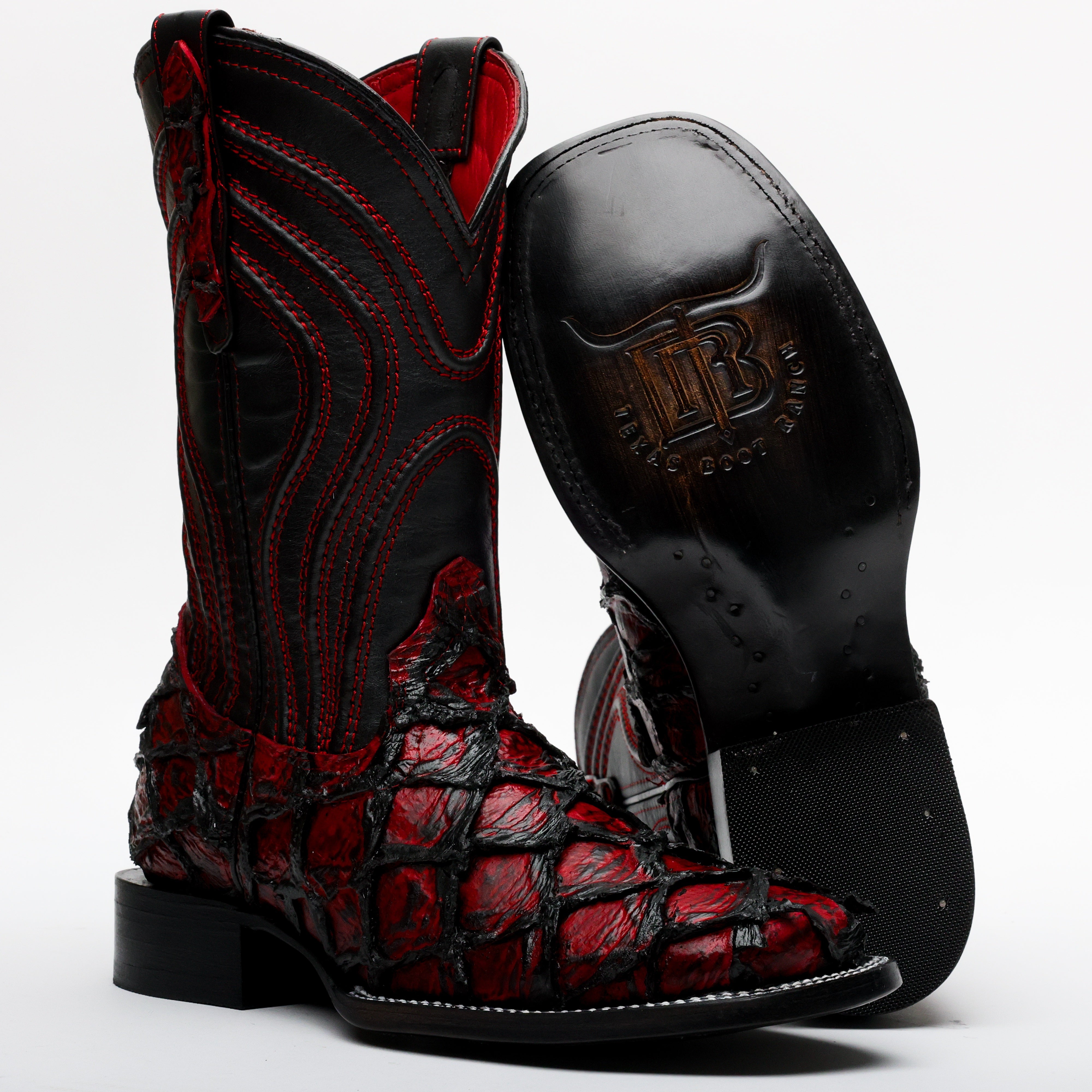 Black Cherry Jumbo Pirarucu Leather Boots - Square Toe