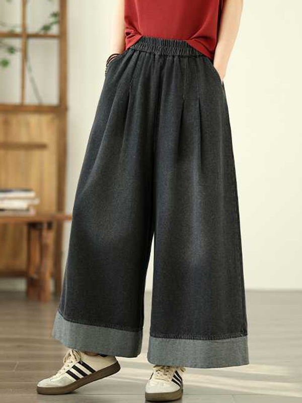 Elasticity Pleated Pockets Loose Wide Leg Trousers Jean Pants Bottoms