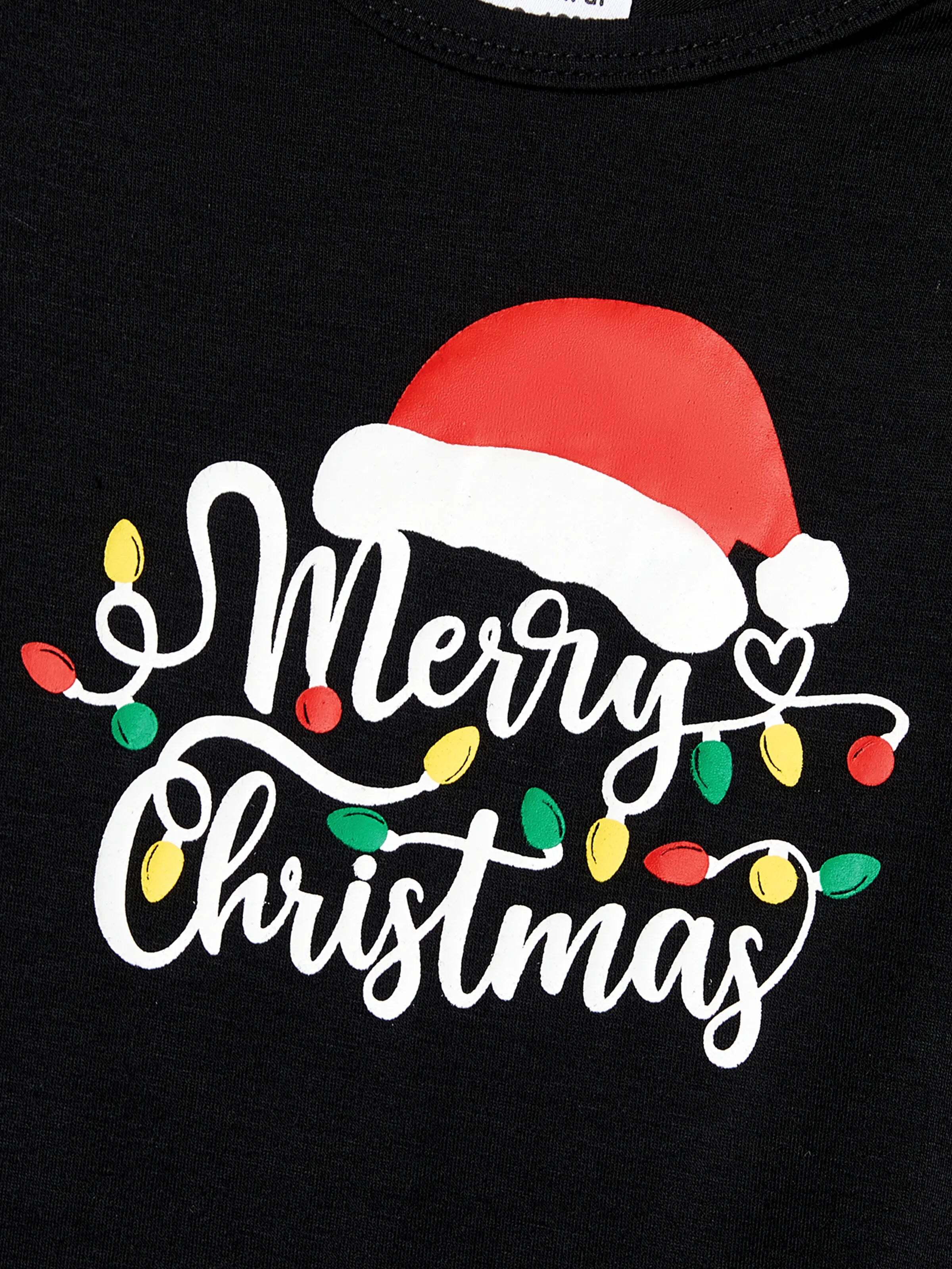 Christmas Family Matching Letters&Festive light bulb Print Short-sleeve Pajamas Sets Black