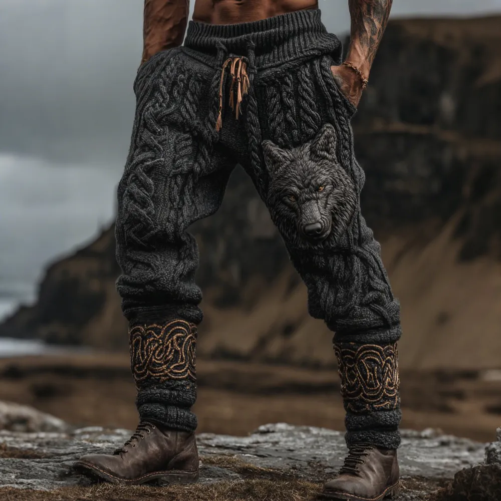 Men's Vintage Viking Wolf Celtic Knot Cozy Chunky Knit Sweatpants