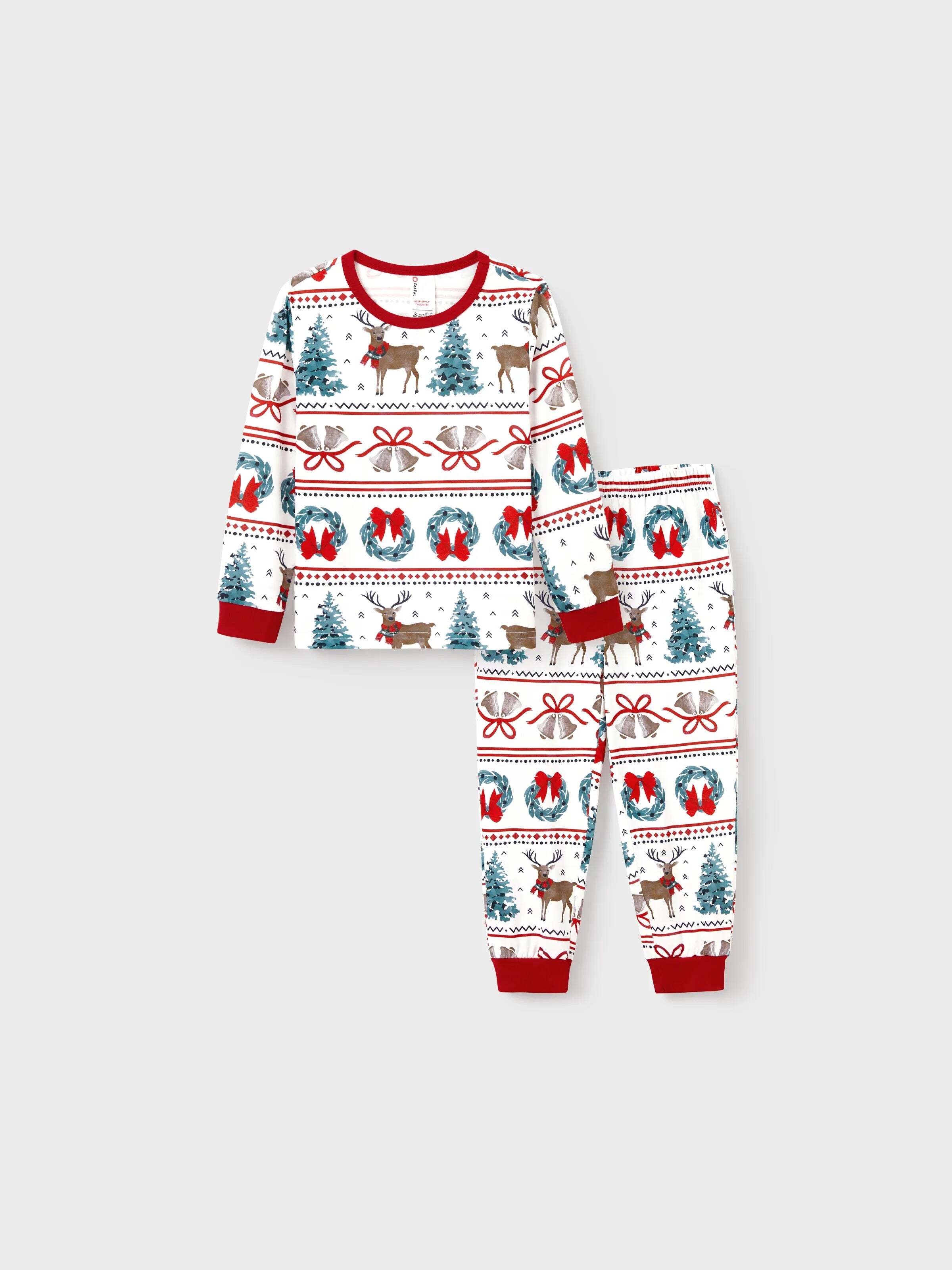 Christmas Matching Family Pajamas Set Christmas Elk and Bell Print Striped PJS with Christmas Socks White