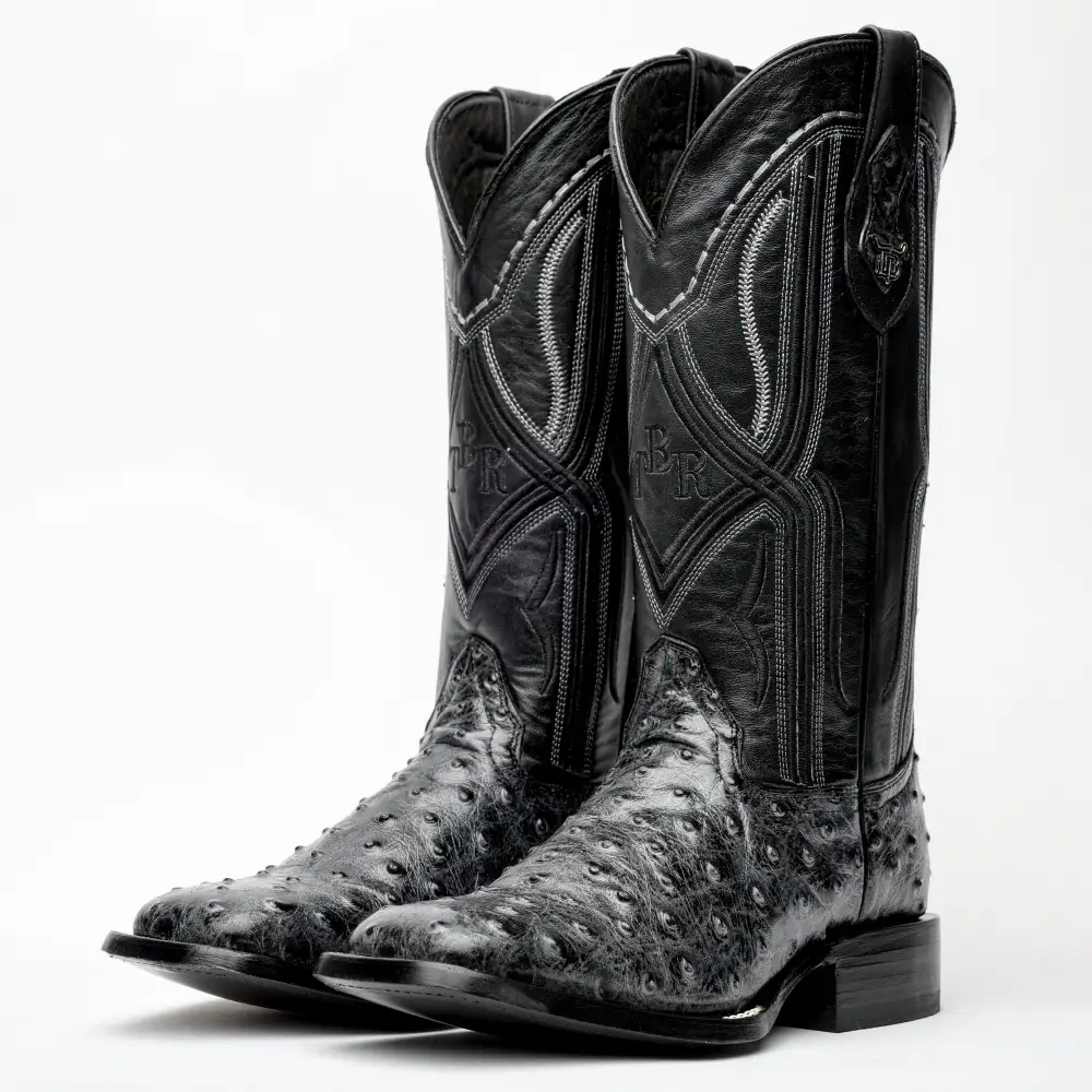 Grey Ostrich Leather Boots - Square Toe