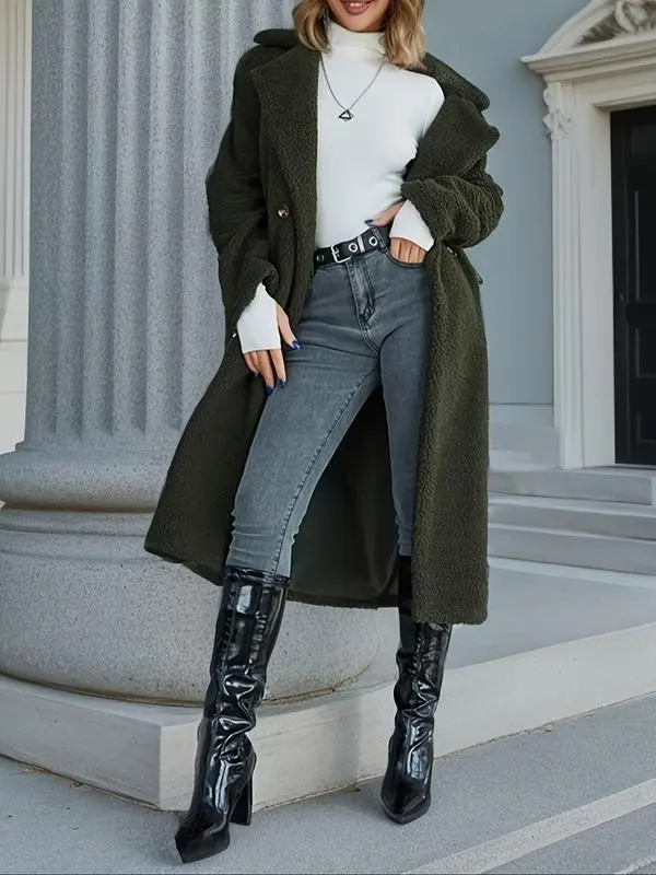 Women's Plain Pocket Button Front Faux Fur Coat