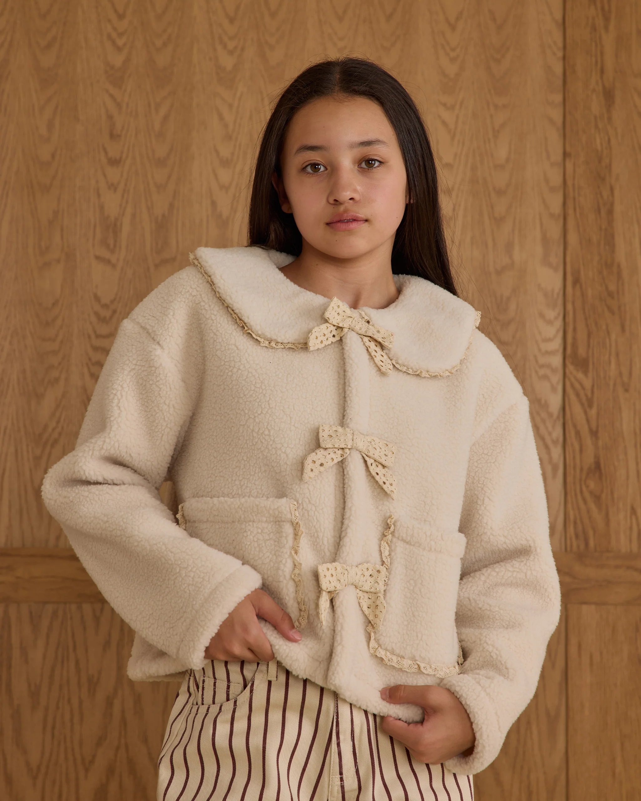 Teen Shearling Collared Coat || Natural