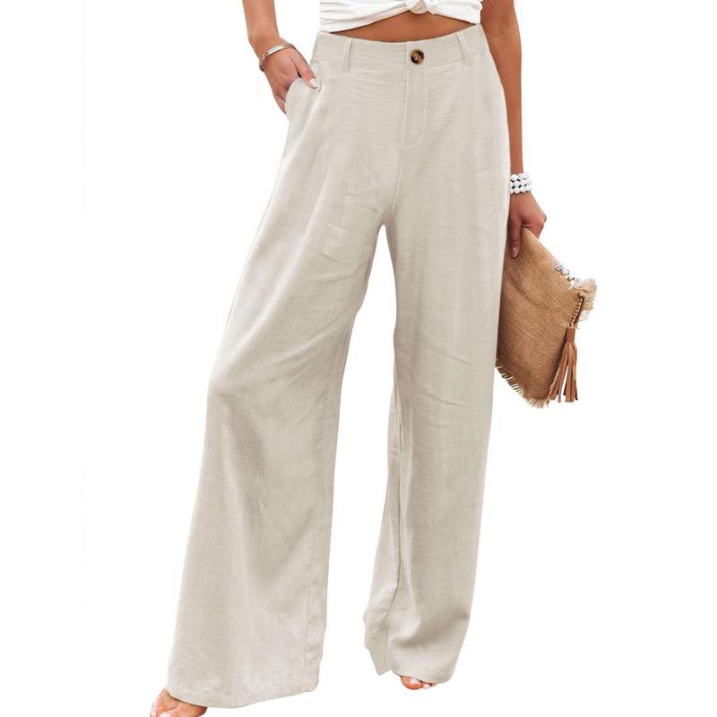 Womens Cotton Linen Pants Casual Button Up High Waisted Wide Leg Trousers Wideleg Loose Womenswear Apricot