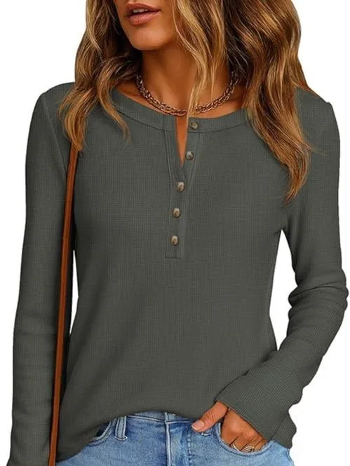 Women's Button Up Waffle Top Long Sleeve Knit Shirts Fall Casual Henley V Neck Tunic Tops