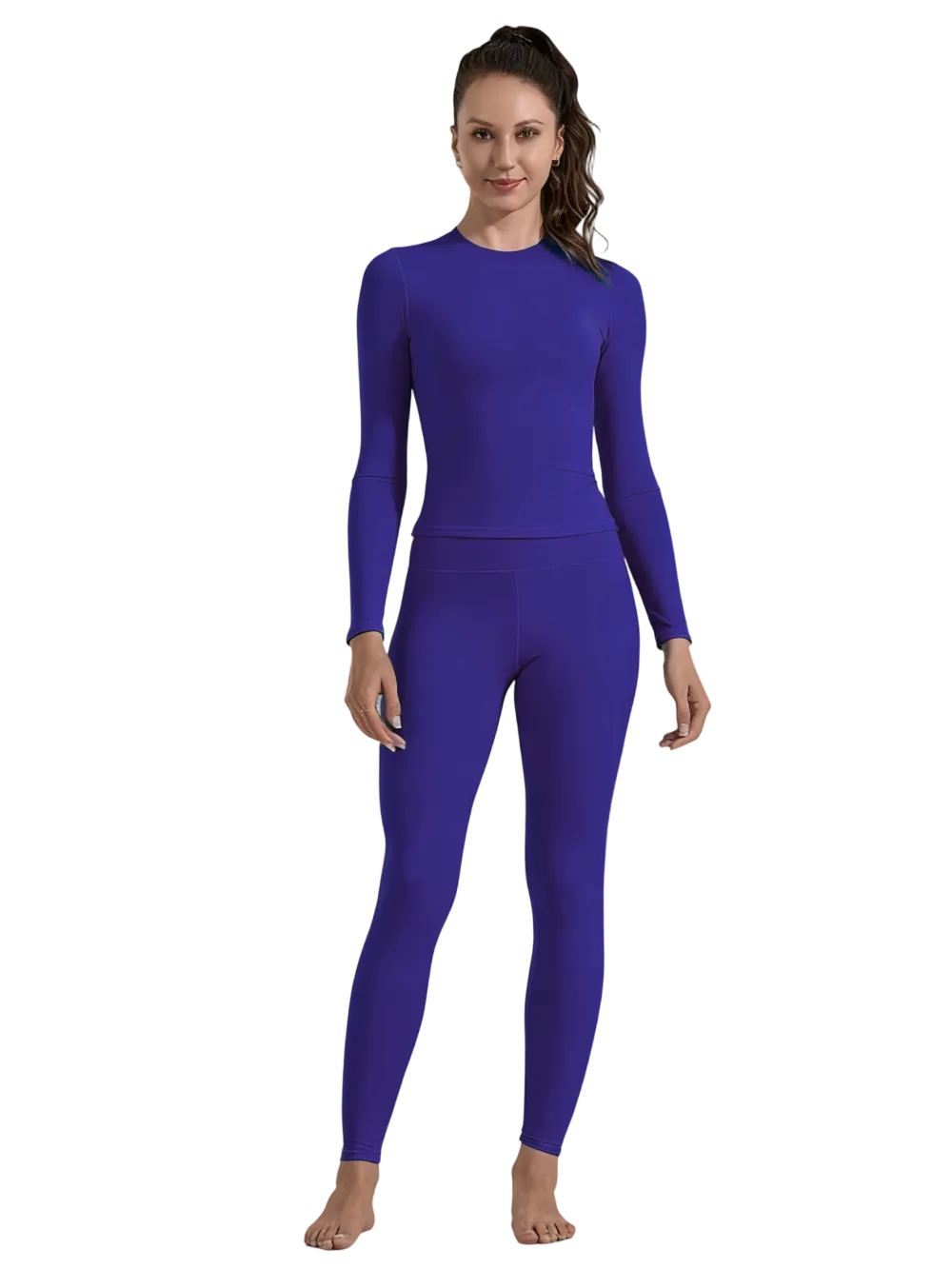 Women's Solid Long Sleeve Tee & High Waist Leggings Sportswear Set