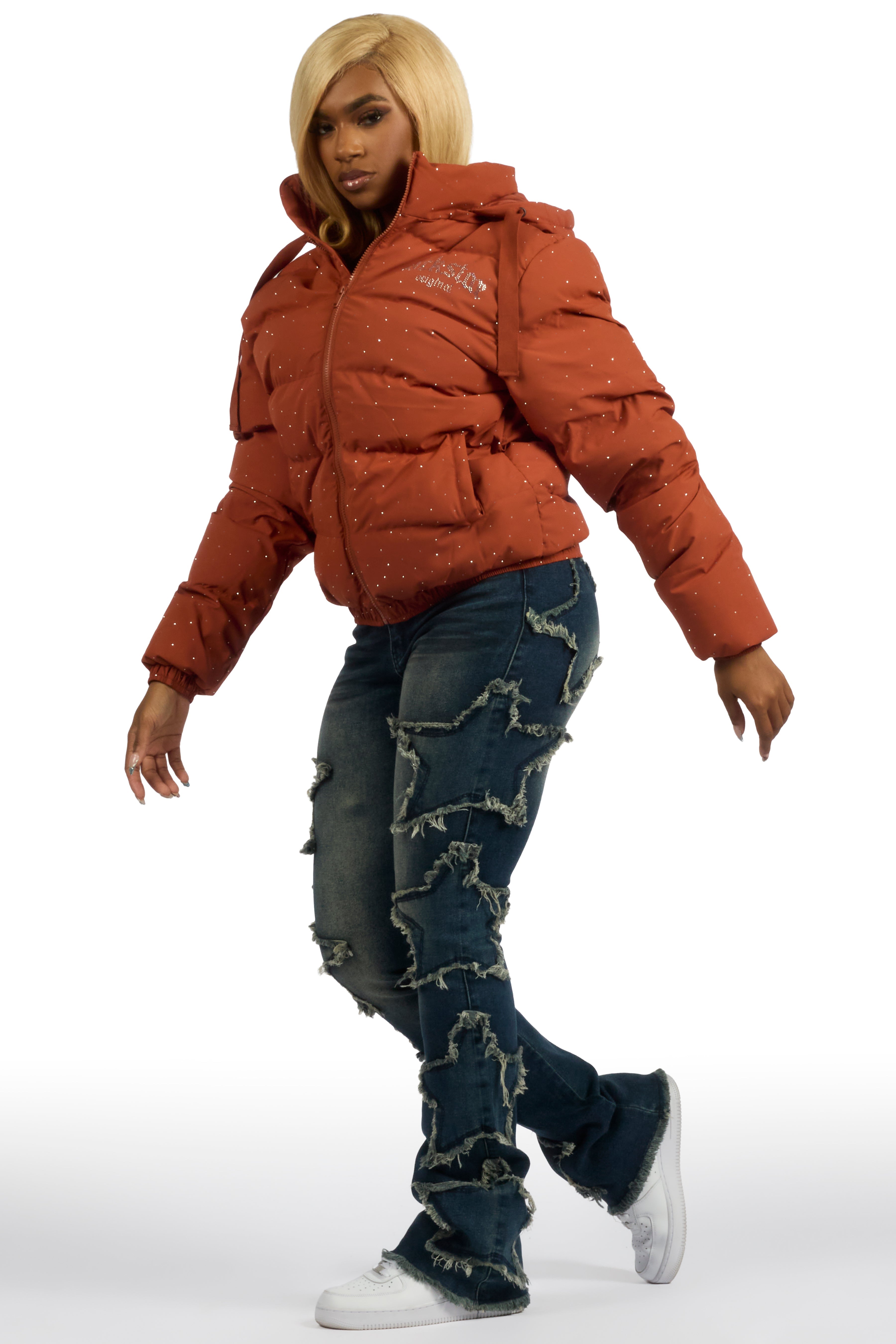 Onellia Mocha Rhinestone Puffer Jacket