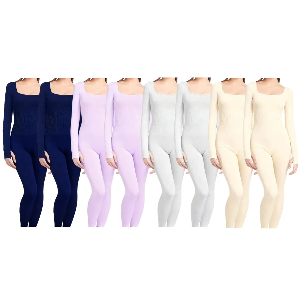 Women Tummy Control Square Neck Ribbed Jumpsuit
