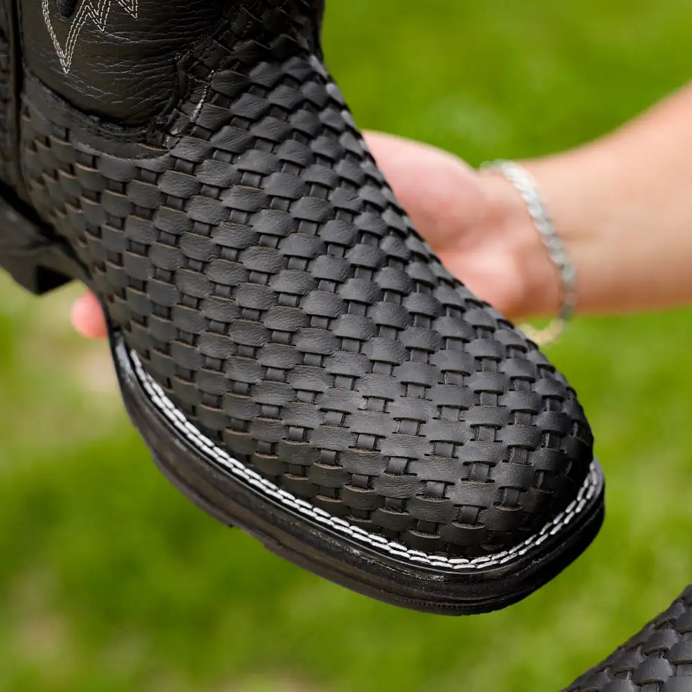 Black Basketweave Leather Boots With 3D Lightweight Sole - Square Toe