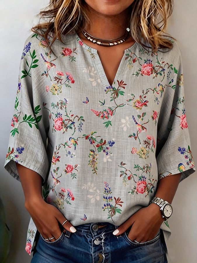 Women's Casual Spring Floral Cotton Linen Top