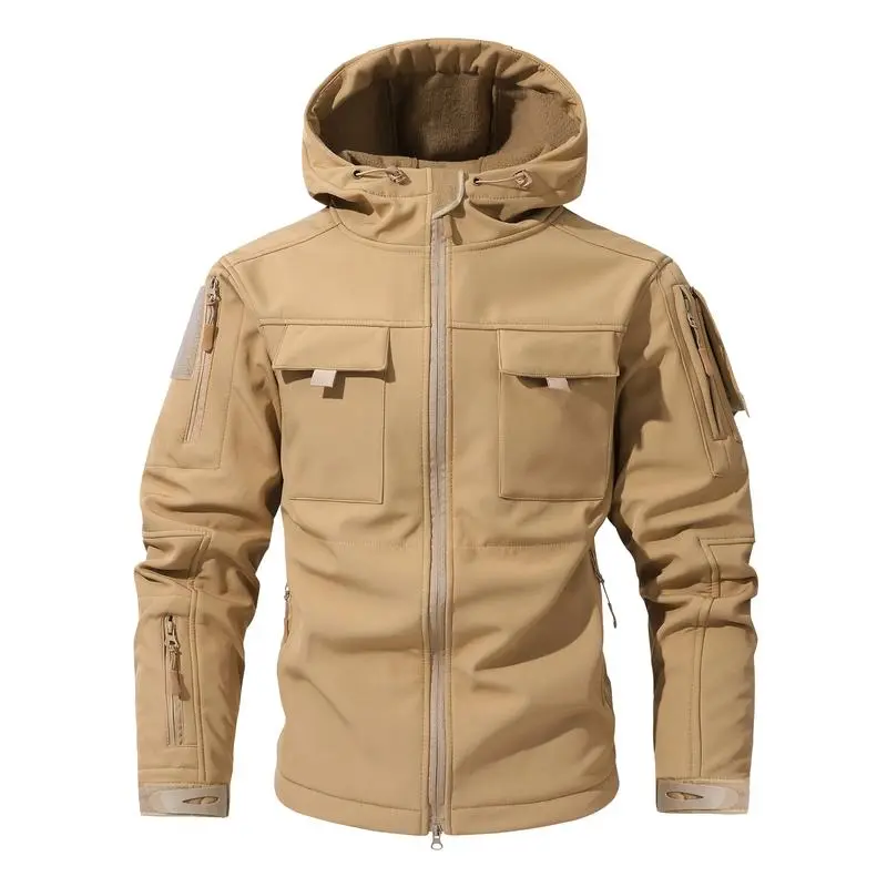 Men's Multi-Pocket Workwear Hooded Jacket, Fleece Waterproof Jacket
