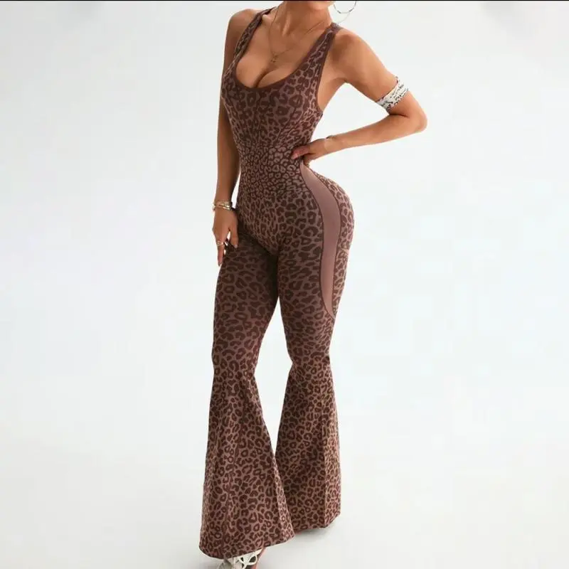 Women's Leopard Print Flared Workout Bodysuit