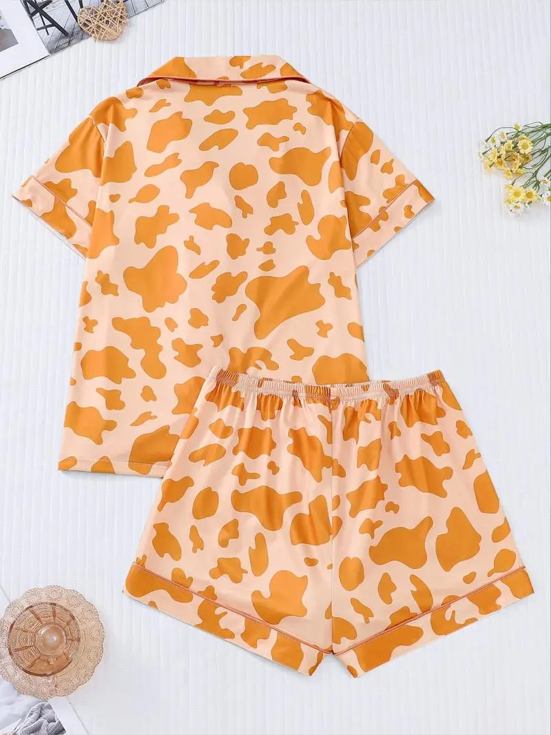 Women's Cow Print Contrast Binding Pyjama Set