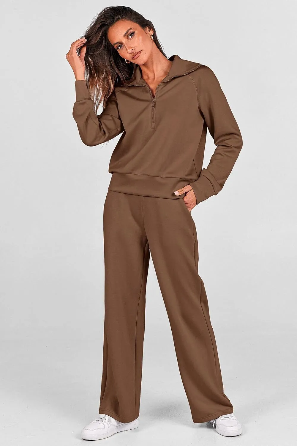 🔥Final Day Clearance!🛒Women's 2 Piece Outfits Casual Lapel Half Zip Sweatshirts And Wide Leg Pants Tracksuit Sets