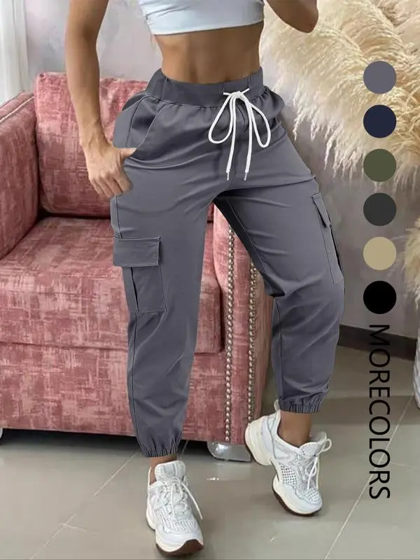 Women's Plain Drawstring Waist Cargo Pants, Casual Pocket Trousers for Daily Wear, Ladies Bottoms for All Seasons