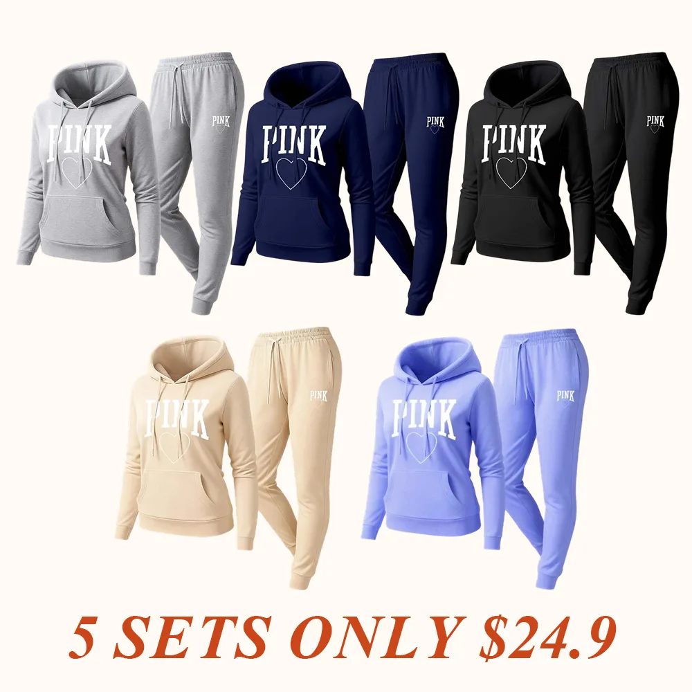 Women's Pink Heart Print Hair And Sunglasses Hoodie And Drawstring Track Pants Set