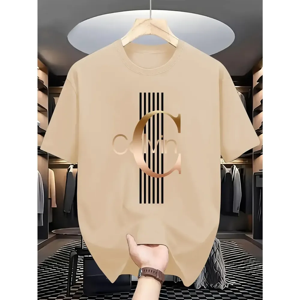 Men'S Casual Calvin Graphic T-Shirt - Bold Letter Print with Black Stripes & Golden Accents, Breathable Round Neck Summer Streetwear