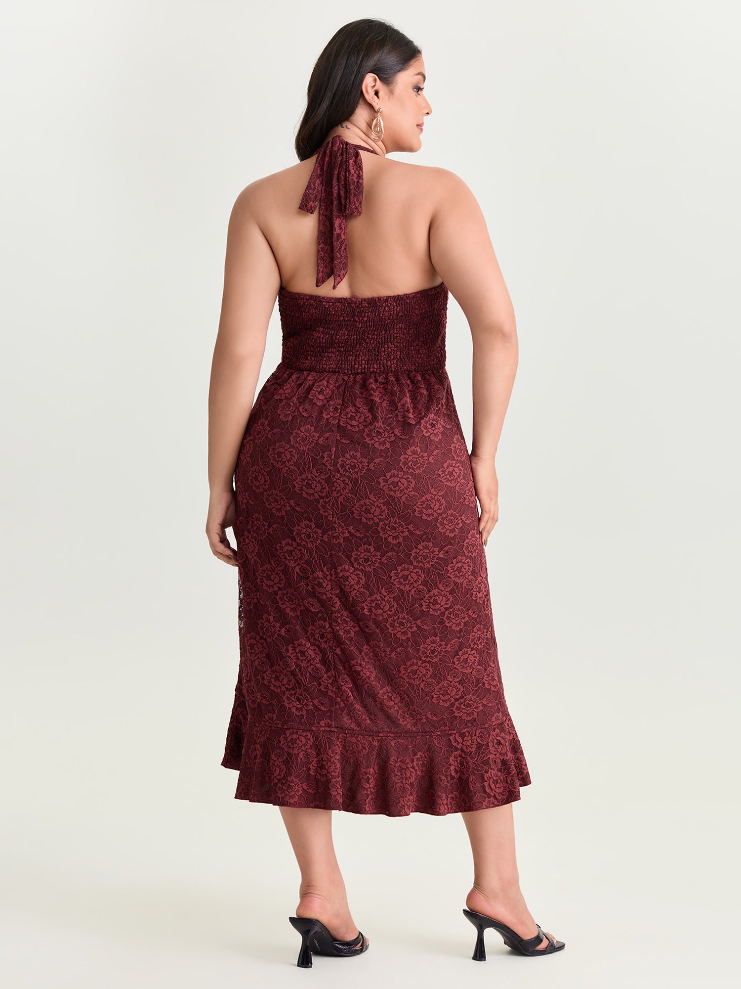 Floral Lace Ruffled Wrap Hem Midi Dress