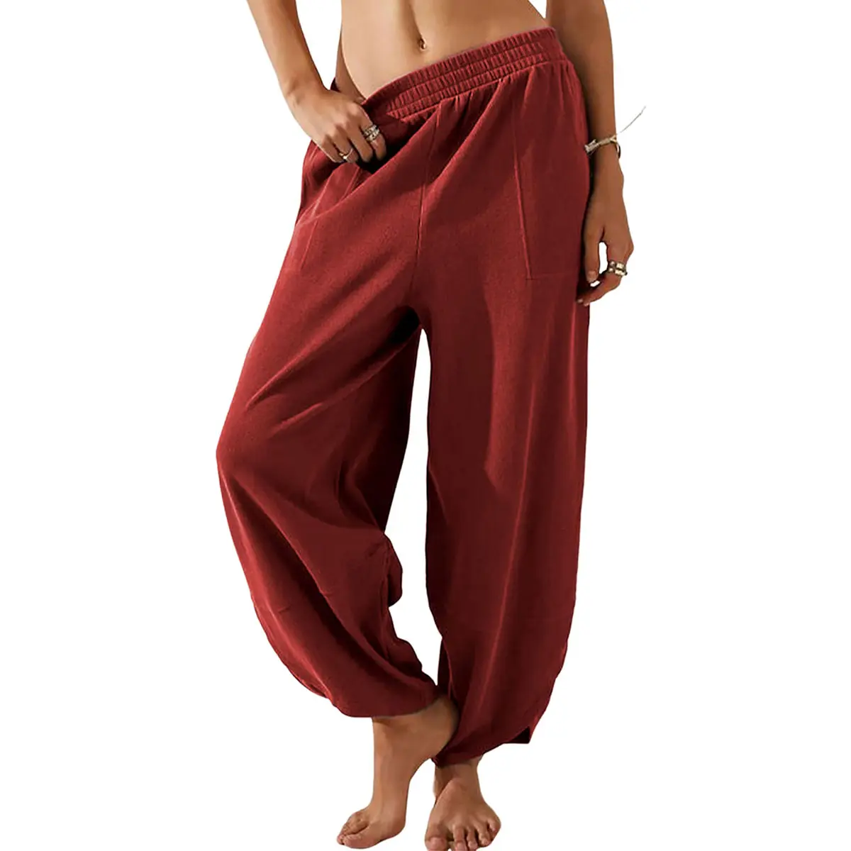Women's Baggy Wideleg Pants Casual Elastic Waisted Palazzo Harem Pants with Pockets