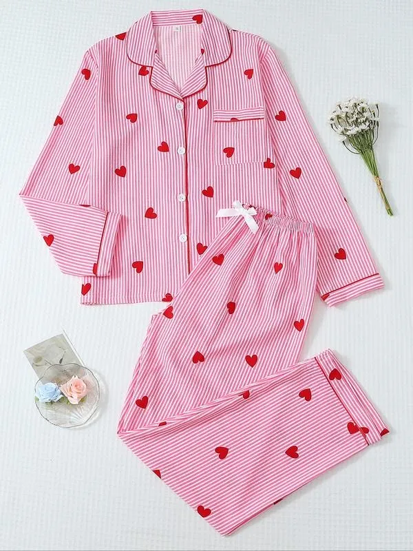Women's Striped Bow Print Long Sleeve Pajama Set