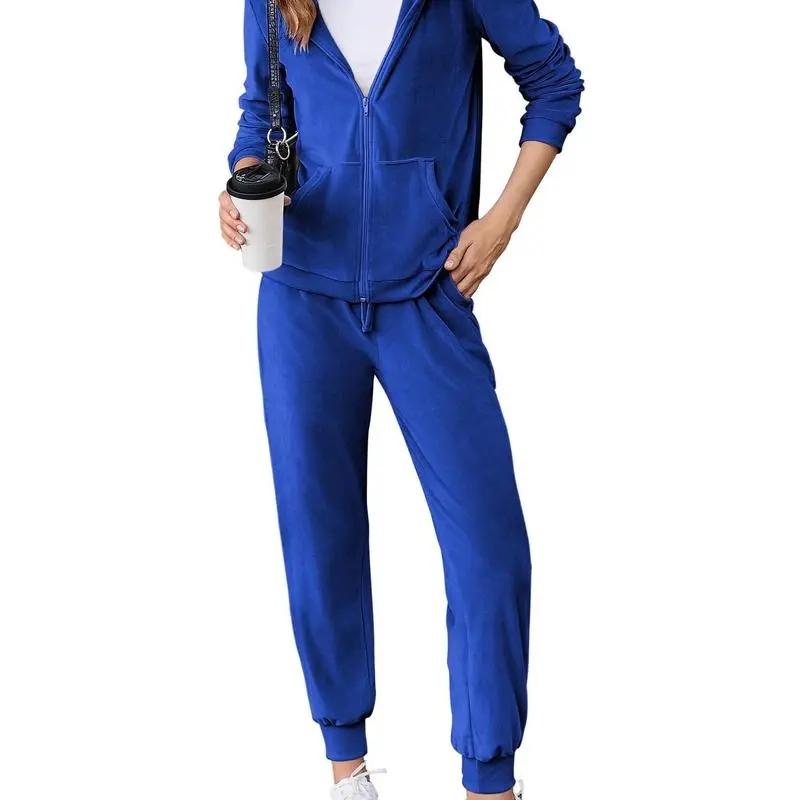 Women's Casual Velour Tracksuit Set Full Zipper Hoodie