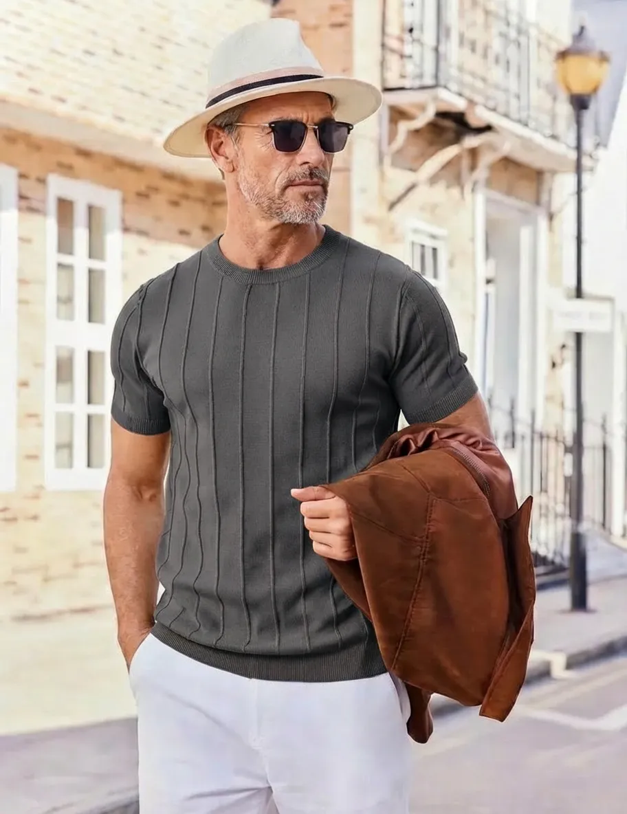 Last Day Promotion 🔥🔥 Crewneck Ribbed Pullover Men's T- Shirts Short Sleeve Knit Casual Tees