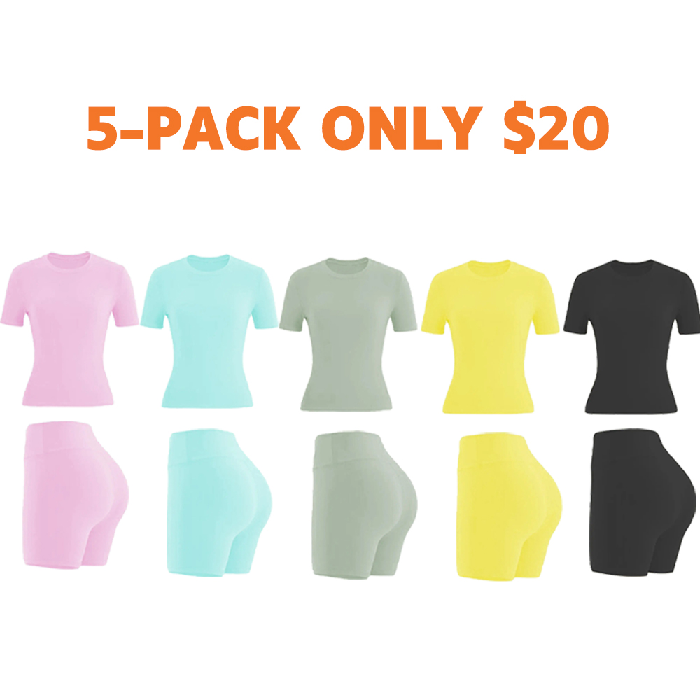 🔥🔥9 PACKS $27 | Women's Two-piece Solid Color Tee & High Waist Skinny Shorts Tracksuit Set