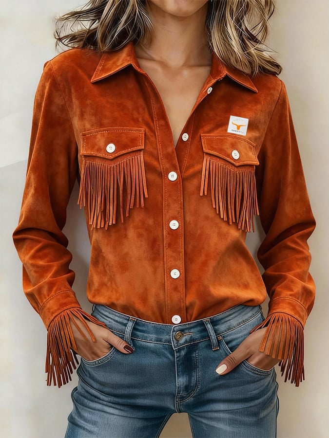Women's Retro Collared Long-Sleeved Tassel Shirt