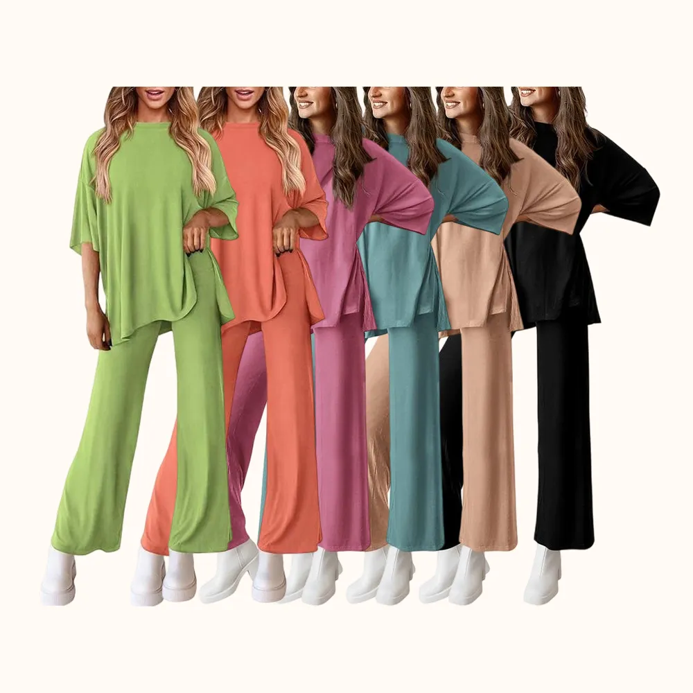 Women's 2-Piece Outfits Short Sleeve Pullover Tops Split Hem Wide Leg Pants Lounge Sets