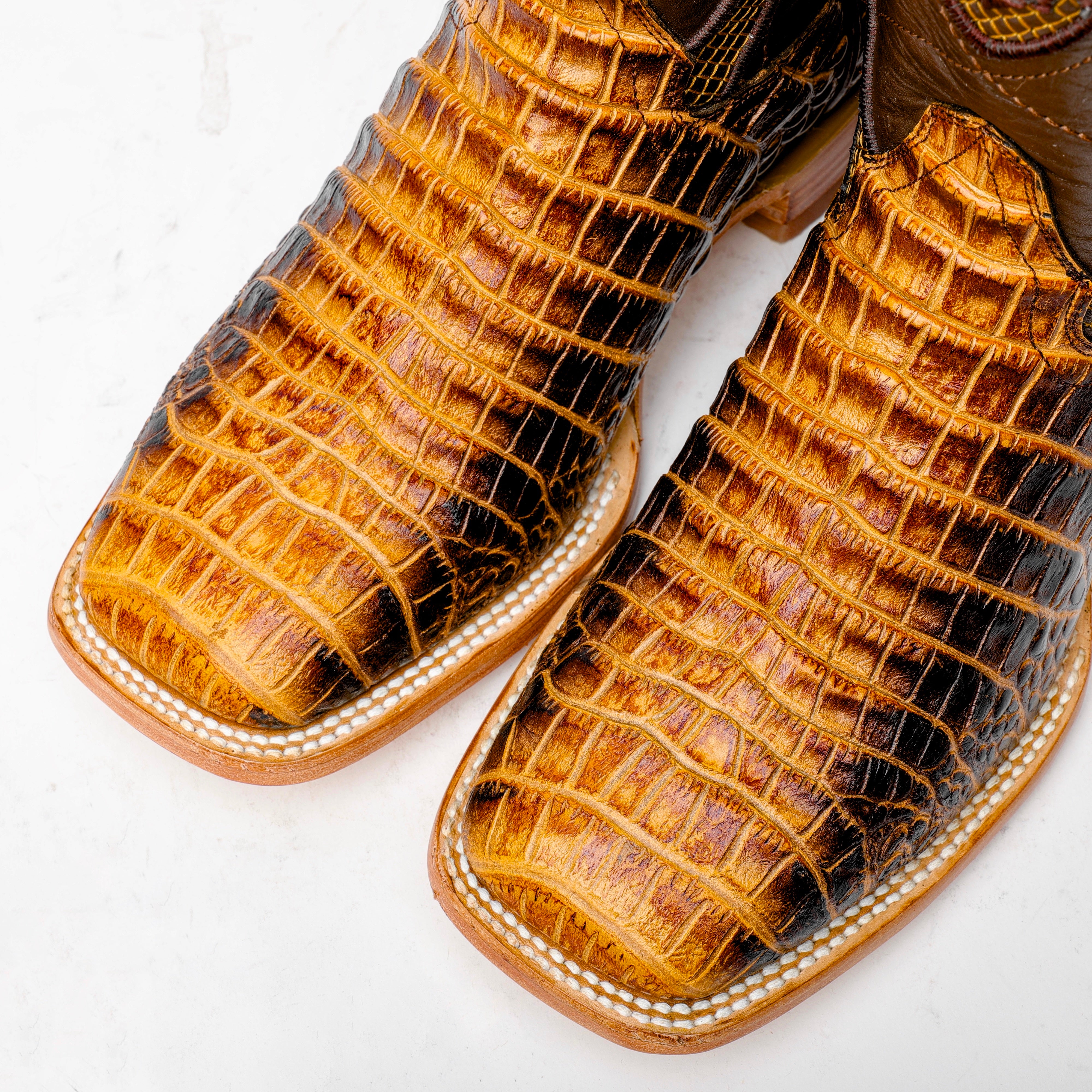 Two-Tone Caiman Belly Leather Boots - Square Toe